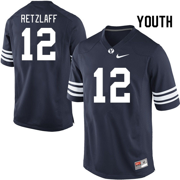 Youth #12 Jake Retzlaff BYU Cougars College Football Jerseys Stitched-Navy - Click Image to Close